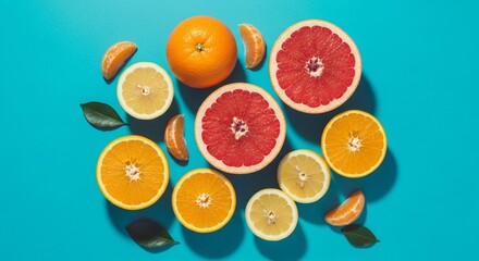 Modern flat lay of assorted citrus fruits (oranges, lemons, grapefruits) cut open on a solid color background