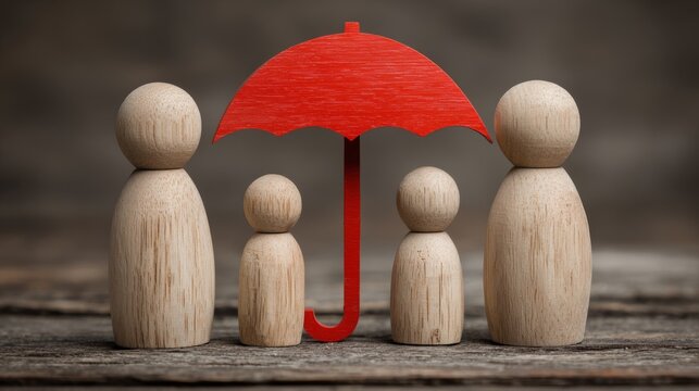 Family members gathered under a red umbrella symbolizing protection and togetherness in a cozy setting