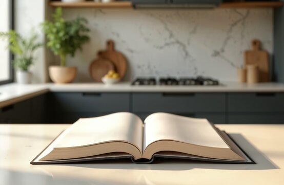Open book on kitchen counter, ready to inspire cooking. Cozy kitchen scene with sink, stove, and window. White, light brown color palette, inviting atmosphere.