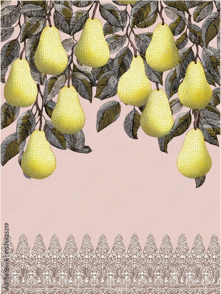 Poster art deco pattern featuring stylized pears and leaves in a decorative design with an open top zone fo