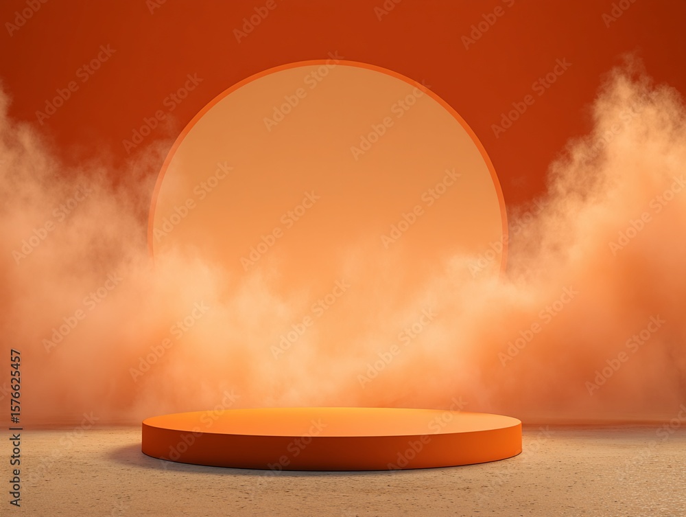 Poster orange cylindrical platform with fog and circular wall feature