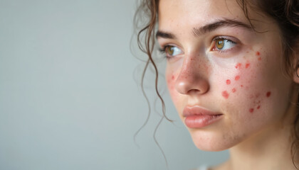 Close-up natural skin of young girl showing acne, pimples, pores, scars. Natural imperfections without filters highlight teenage skin challenges. Focus on skin care, dermatology, cosmetic solutions.