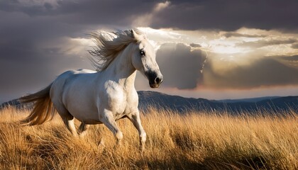 Obraz premium white horse galloping through golden grassland under a cloudy sky in the late afternoon light
