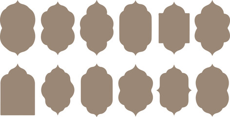 Twelve brown decorative Islamic shapes arranged on a white background vector illustration