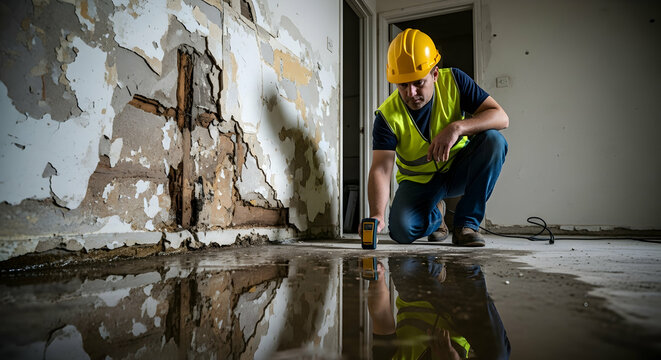 Building Inspector Examining Extensive Water Damage on Peeling Walls and Wet Floor