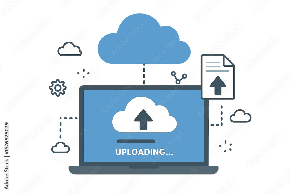 Poster cloud computing technology concept. laptop uploading file document to online data storage server. in