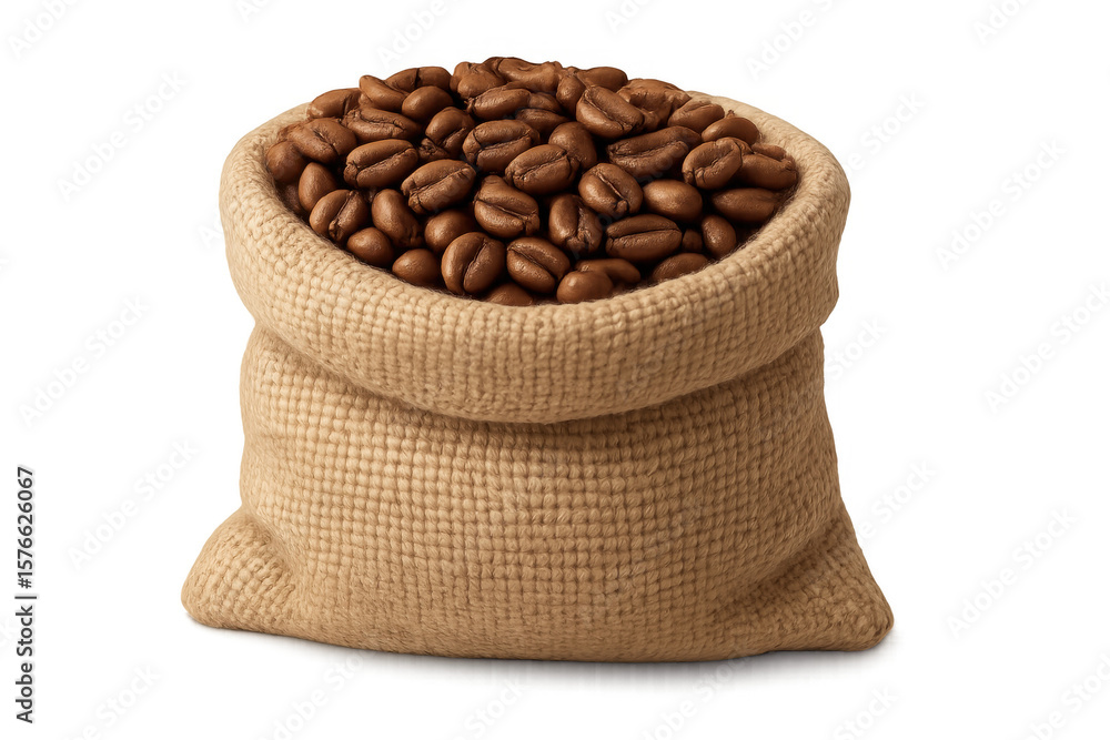 Poster burlap sack brimming with roasted coffee beans, isolated on a transparent background, ready for use 