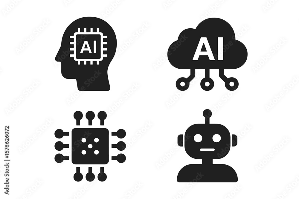 Poster artificial intelligence vector icon set. contains 4 glyphs for ai technology, machine learning, clou