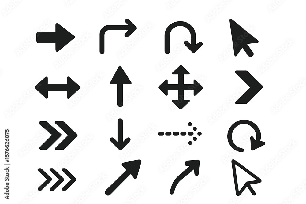 Poster big collection of different vector arrows. black flat simple icon set for web design and user interf