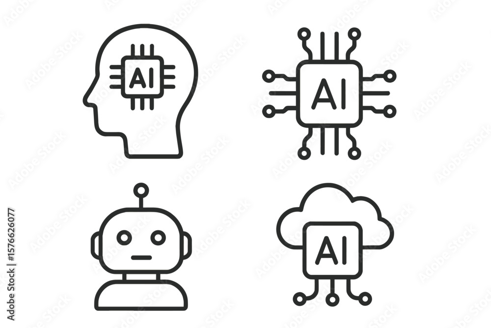 Poster artificial intelligence line icon set. ai technology, machine learning, deep learning, chatbot, robo