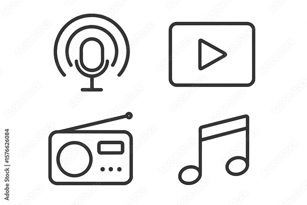Poster audio video icon set. web and mobile app interface elements in thin line style. podcast microphone, 
