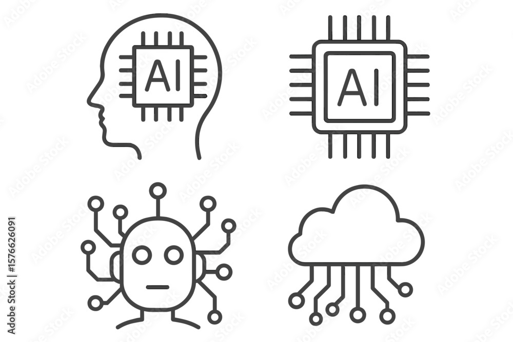 Poster artificial intelligence icon set. ai technology outline icons for web and mobile. machine learning, 