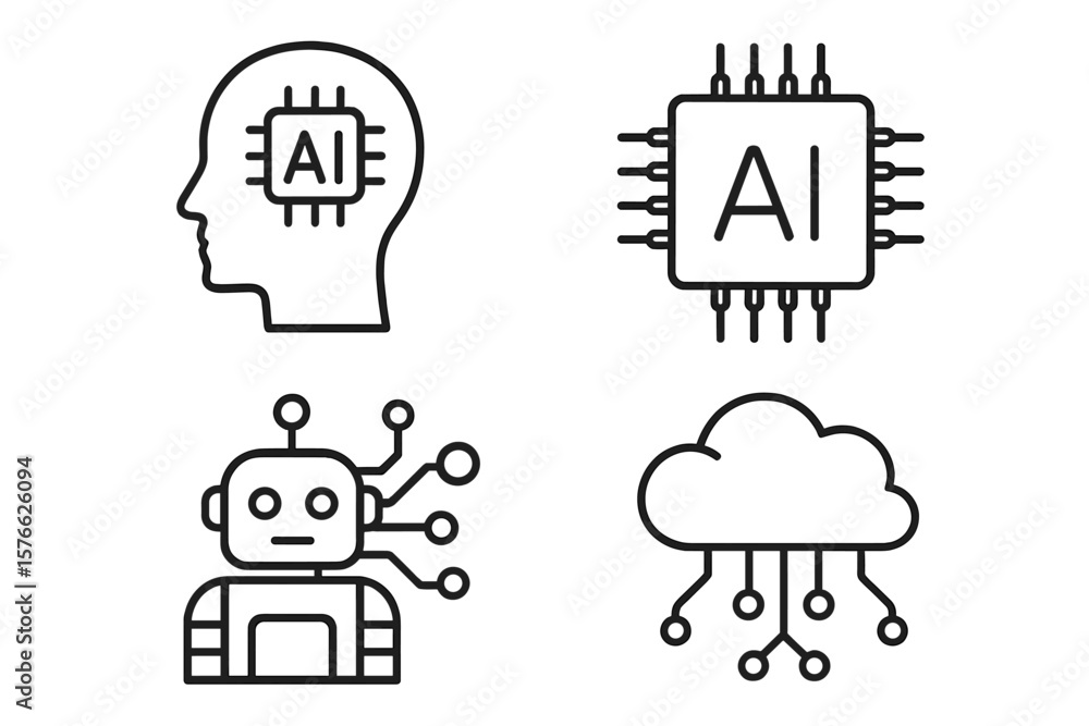 Poster artificial intelligence line icon set. ai technology concept. machine learning, deep learning, algor