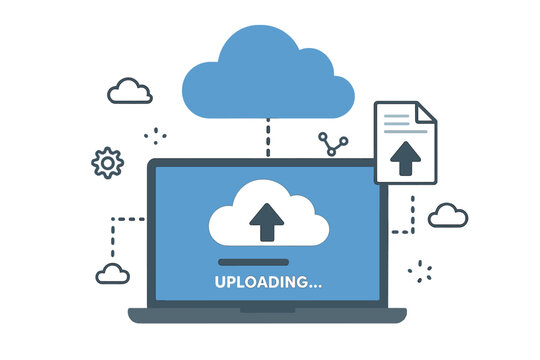 Cloud computing technology concept. Laptop uploading file document to online data storage server. Information transfer, web hosting, network service, database backup vector.