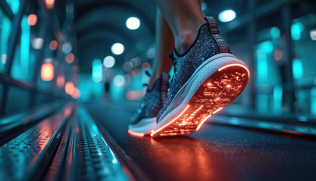 Runner foot in high-tech sneaker on treadmill, glowing digital elements integrate with exercise. Focus on fitness tracking, running, and advanced workout technology for peak performance and health.