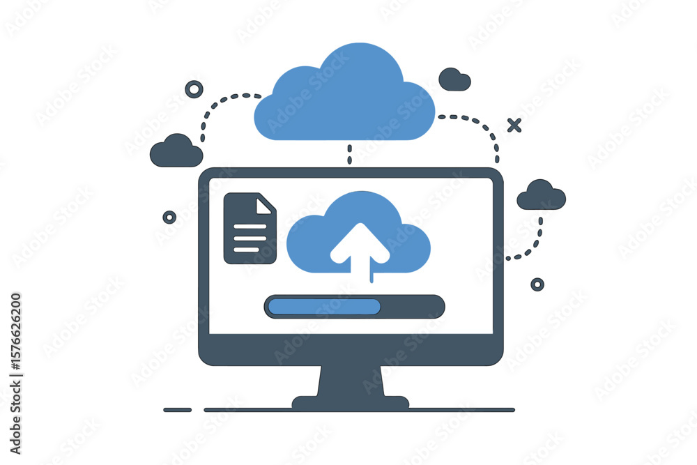 Poster cloud computing. uploading process on computer screen. cloud data storage and processing. backup con