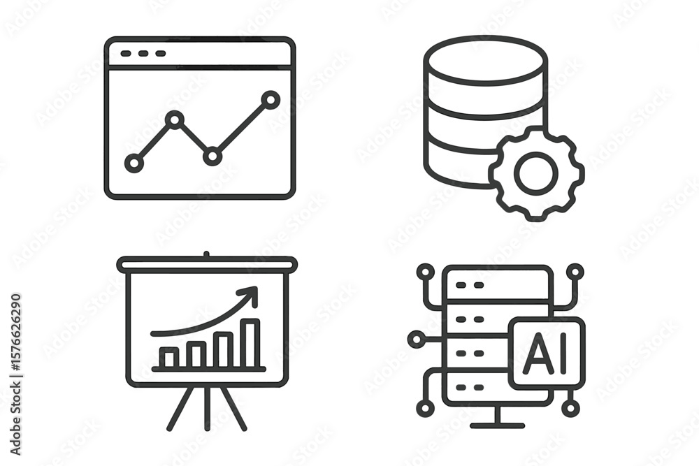 Poster data analytics icons. business intelligence concept. big data processing. statistics. analysis. ai. 