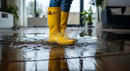 Navigating extensive water damage in a modern home, person in yellow boots