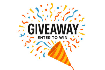 Giveaway enter to win prize. Exploding party popper with confetti. Festive contest for social media post. Promotion announcement banner for winners. Gift offer template design.
