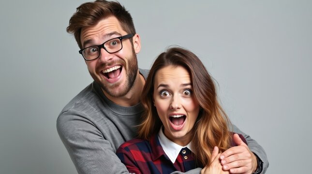 Joyful man hugs surprised woman expressing shock, excitement. Couple shares funny moment with wide eyes, open mouths, showing strong emotions, connection. Happy relationship, human interaction. - Powered by Adobe