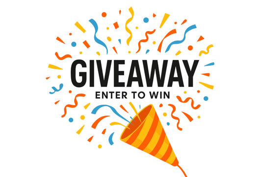 Giveaway enter to win prize. Exploding party popper with confetti. Festive contest for social media post. Promotion announcement banner for winners. Gift offer template design.