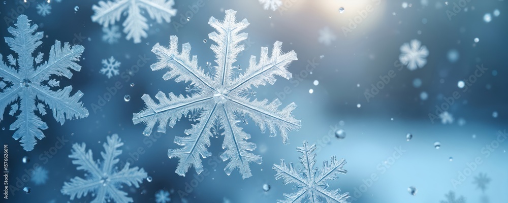 Poster macro view of intricate snowflakes on window glass. delicate ice crystals showcase fractal patterns.
