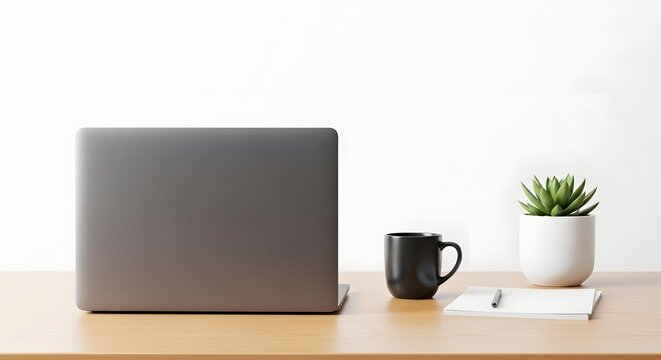 Back view of a laptop with black mug and succulent plant on a wooden desk against a white background