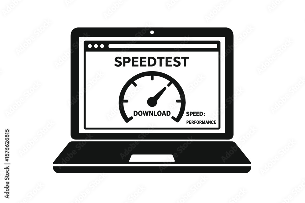 Poster laptop icon with internet speed test on screen. download speed test on web page. network performance