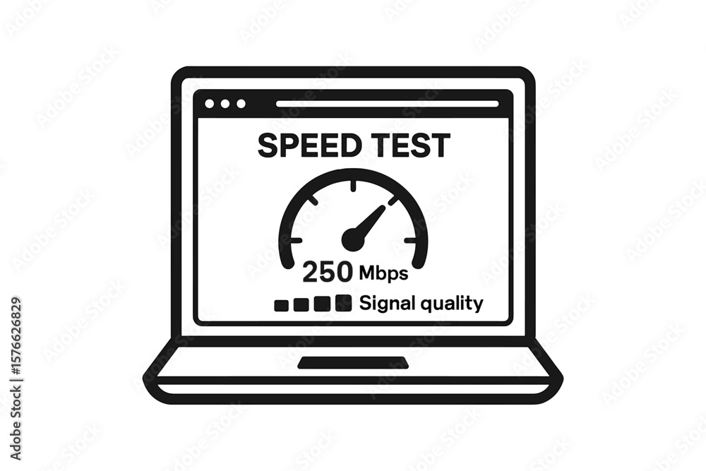 Poster internet speed test icon. laptop screen with speedometer. network performance check. download upload