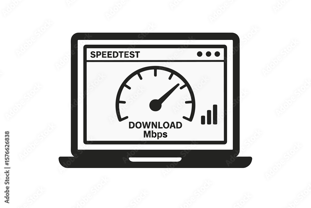 Poster laptop icon with internet speed test on screen. concept of network performance, bandwidth meter, and