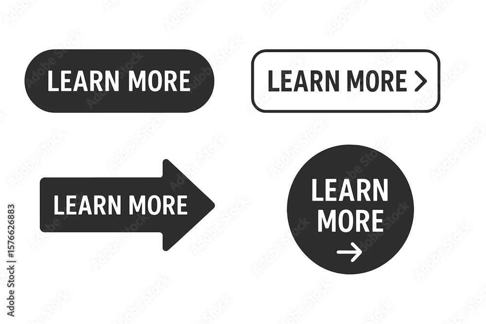 Poster learn more button set. read more call to action collection. modern black web buttons for website des