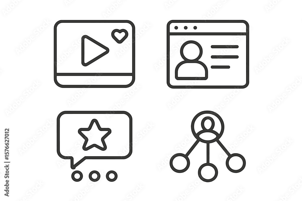 Poster social media marketing icon set. line art web and mobile app icons. profile page, video content crea