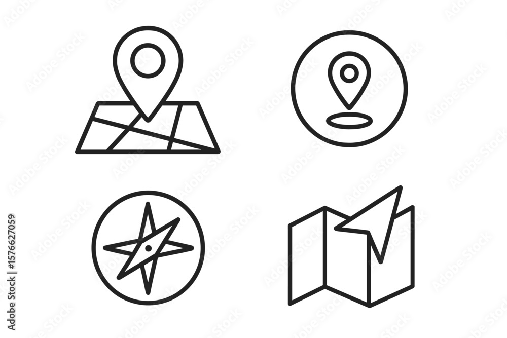 Poster navigation line icon set. location pin, map pointer, gps tracker, compass direction, route guide. si