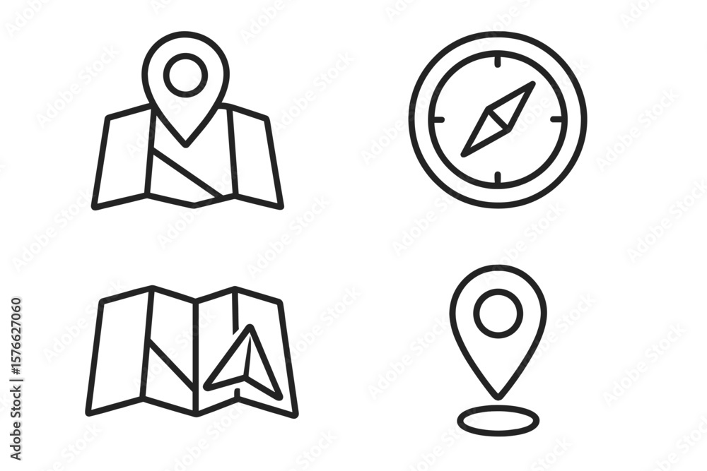 Poster navigation and location web icon set of 4 in thin line style: map pin, gps marker, compass, navigato