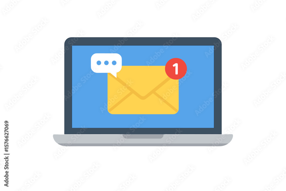 Poster new message on laptop screen. unread notification icon. online chat and email message in inbox. enve