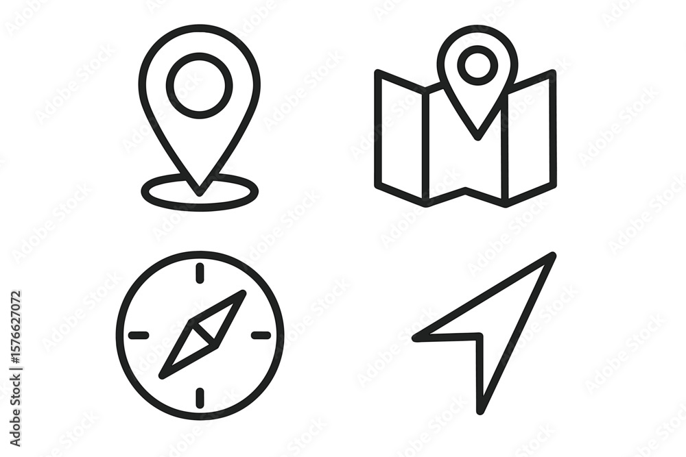 Poster Navigation Location Map Icons Set Line Style Web Mobile App GPS Pin Compass Marker Pointer UI UX Design Element Collection Interface Application Journey Direction Route Navigator Find