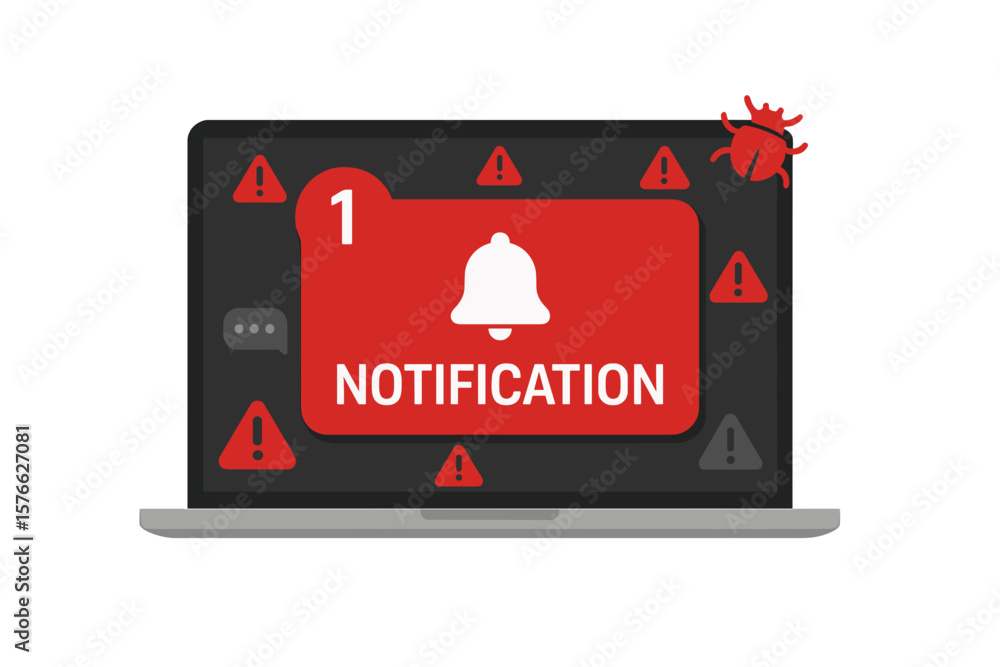 Poster new notification on laptop screen. unread message bubble. virus problem, danger error alerts. cyber 