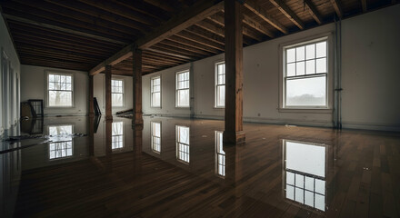 Empty Abandoned Room with Extensive Water Damage and Flooded Hardwood Floor