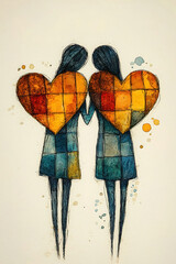 Watercolor of a couple's matching heart-shaped tattoos, symbolizing their shared commitment