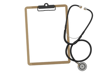 Medical clipboard with blank paper and stethoscope. Healthcare and medicine concept. Doctor tool for diagnosis, patient record. Health checkup document. Vector illustration.