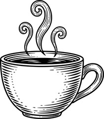 Steaming coffee cup with three rising curls, hand-drawn style