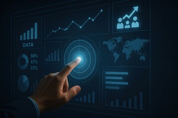 Obraz premium Engaging digital interaction showcasing data analysis graphs and metrics illuminated on a modern touchscreen with a hand demonstrating precise control in a dark environment.