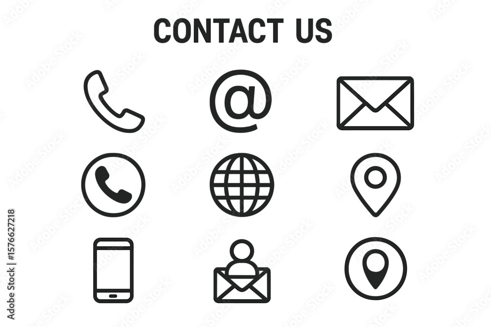 Poster contact us vector icons set. web and mobile app communication symbols. business card contact informa