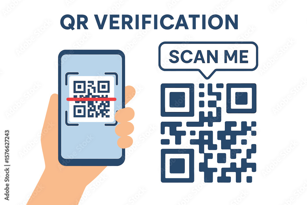 Poster qr code scanning verification with a smartphone. hand holding a mobile phone scanning a barcode for 