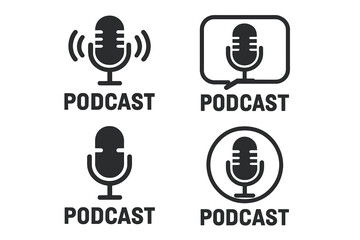 Podcast microphone icon set. Radio podcast icons. Webinar, online training, radio show, audio blog concept. Webcast audio record symbol. Broadcast streaming media vector.