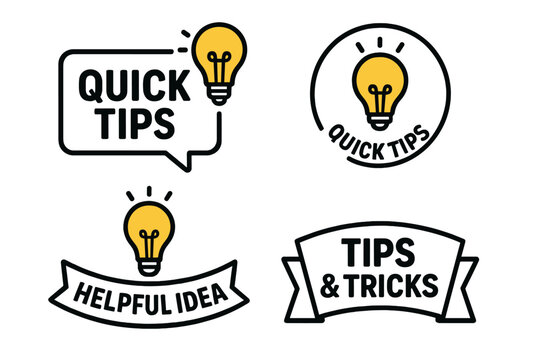 Quick Tips and Helpful Tricks Vector Logos Set, Emblems and Banners with Light Bulb, Speech Bubble, Helpful Idea, Solution, Advice, Tips and Tricks Badge, Modern Flat Design Illustration