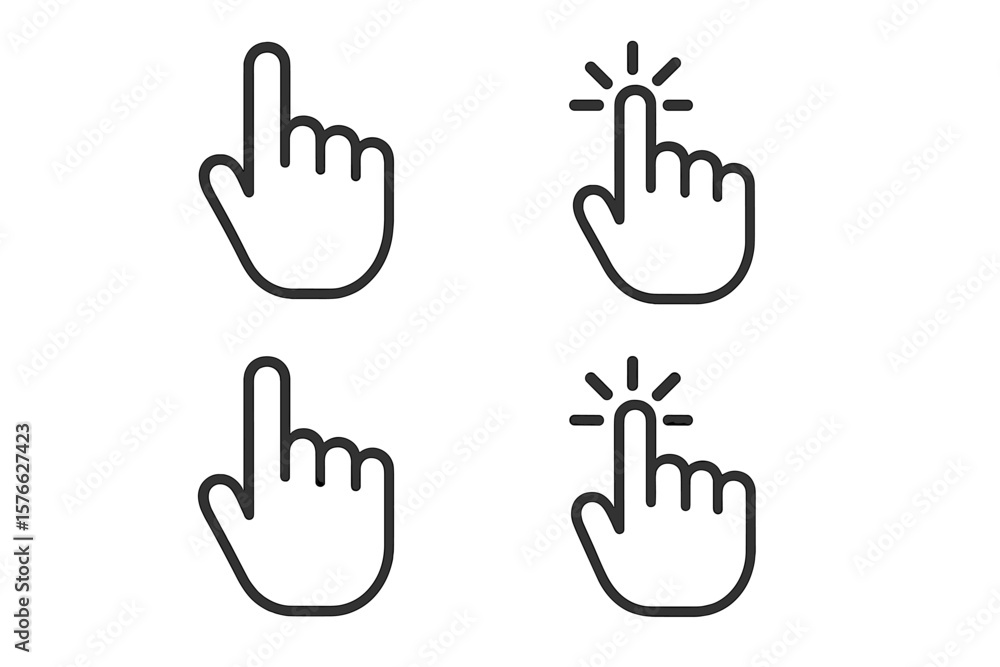 Poster Hand Pointer Cursor Icon Collection. Mouse Click Symbol Set. Clicking Finger Gesture. Computer Cursor Outline. Modern UI Pointer. Touchscreen Interaction. Vector Illustration