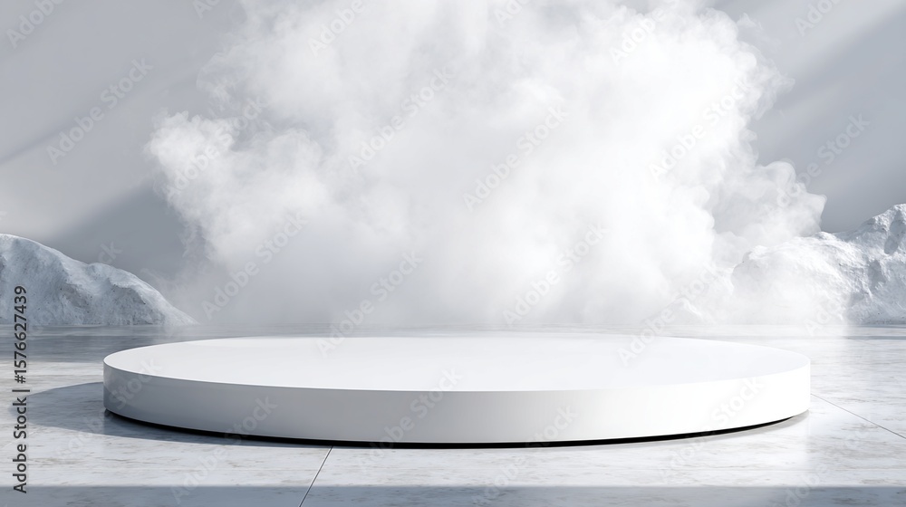 Poster white circular platform with stylized fog and mountain background