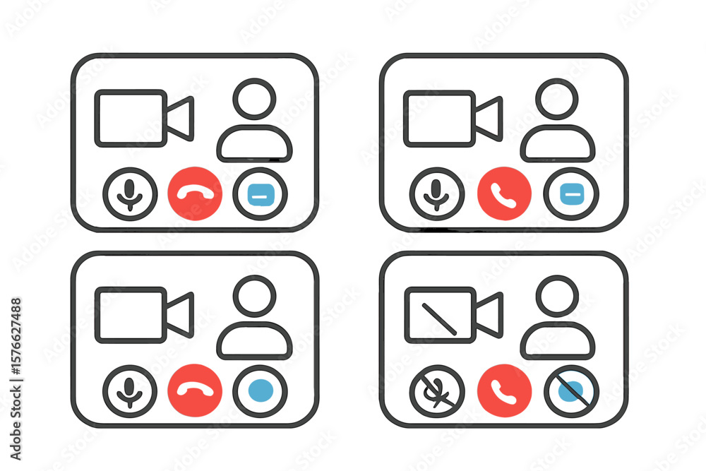 Poster video call interface icon set. online video conference ui elements. virtual meeting screen buttons. 