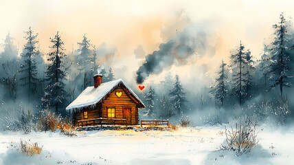 Watercolor of a cozy winter cabin with heart-shaped smoke coming from the chimney